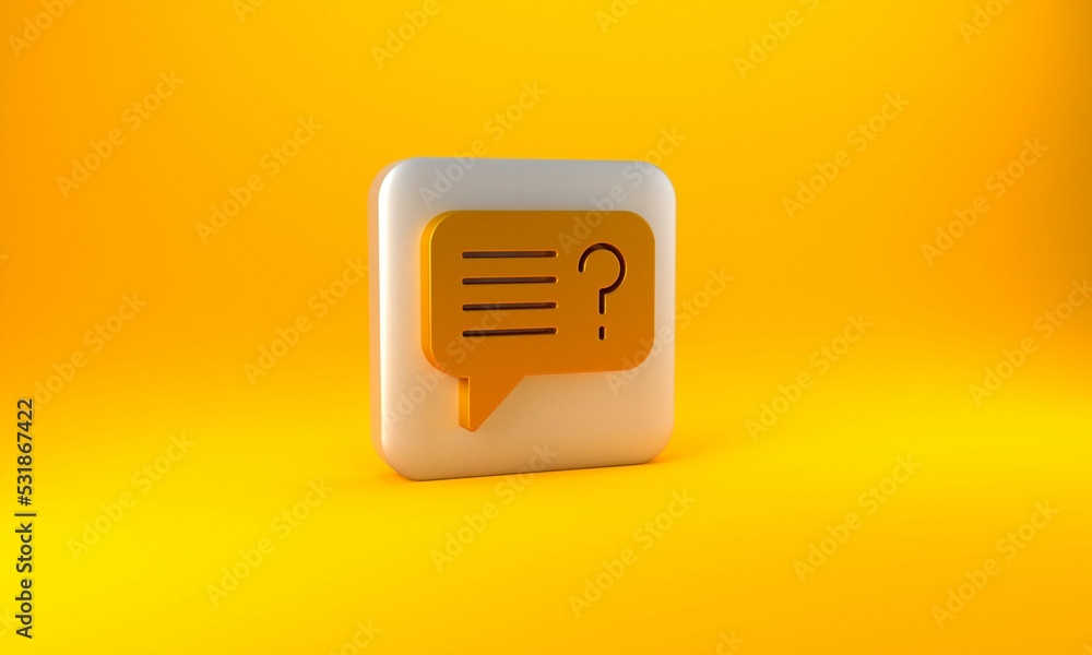 Poster gold unknown search icon isolated on yellow background. magnifying glass and question mark. silver s