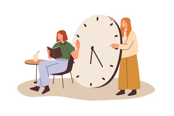 Procrastination concept. Lazy person procrastinating, postponing, delaying work for later time. Unproductive worker relaxing, ignoring deadlines. Flat vector illustration isolated on white background
