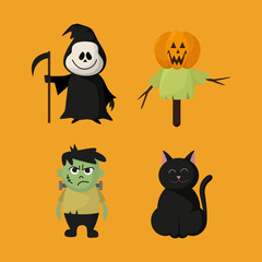 cartoon characters on Halloween stuffed black cat Frankenstein and death with a scythe