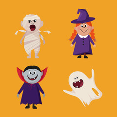 cartoon characters on halloween witch dracula mummy and ghost