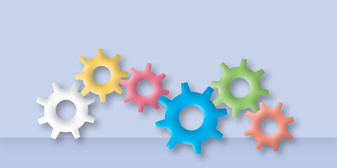 Colorful gears with shadow overlay on pastel wall background. Engineering and team or teamwork concept. copy space for the text. illustration of 3d paper cut minimal design style.