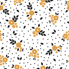 Simple vintage pattern. yellow flowers. black leaves and dots. white background. Fashionable print for textiles and wallpaper.