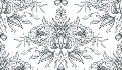Beautiful vector seamless pattern with hand drawn floral elements, flowers and leaves.