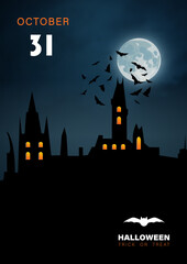 Halloween vertical background with haunted house and full moon.