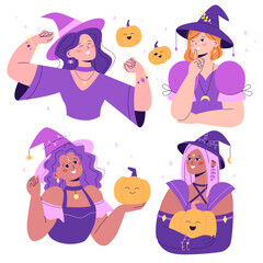 Set of women in Halloween costumes. Collection of smiling witches in different poses with pumpkins in the background.
