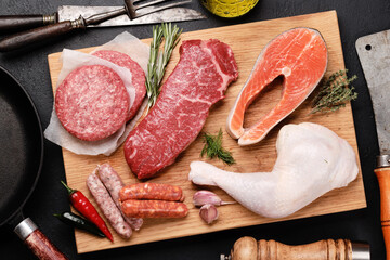 Various raw meat and fish. Steaks, sausages, salmon, chicken and spices