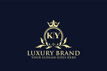 letter Initial KY elegant luxury monogram logo or badge template with scrolls and royal crown, perfect for luxurious branding projects
