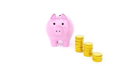 Fat Pink Piggy Bank with gold coins on the white background 4K. 3d rendering.