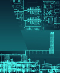 Scheme of the LNG plant in neon colors. 3d-rendering