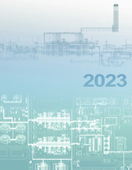 Scheme of the LNG plant with the inscription 2023. 3d-rendering