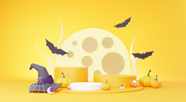 3d Render, Happy Halloween Day background with Podium stand product and night scene and cute spooky design. Halloween pumpkins, skull, ghost and spider decorations on dark orange background.