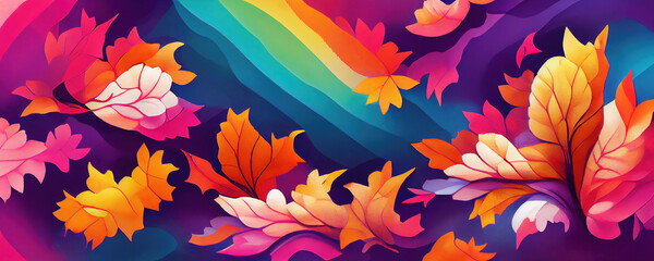 Fototapeta na wymiar Autumn and thanksgiving wallpaper background with colourful leaves and rainbow