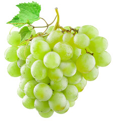 Bunch of green (yellow) grapes with a grape leaf isolated on a white background. There is a...