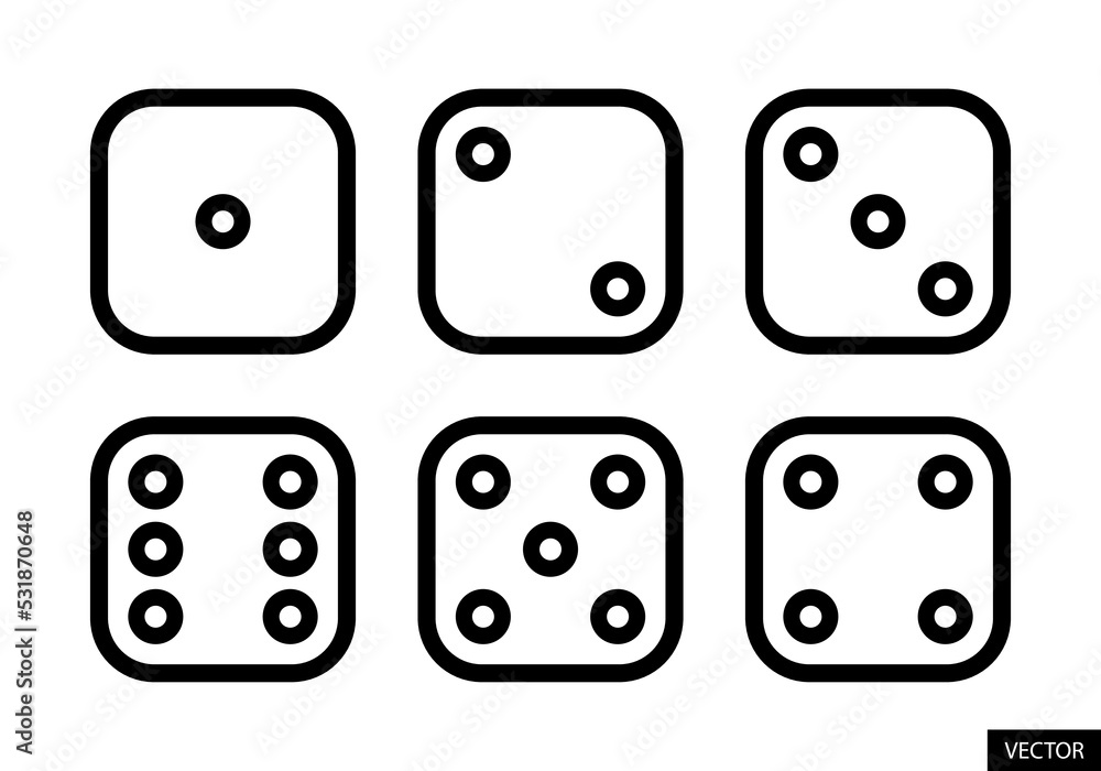 Poster dice sides or dice faces vector icon set in line style design isolated on white background. six-side