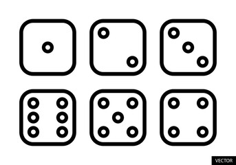 Dice sides or dice faces vector icon set in line style design isolated on white background. Six-sided dice. Editable stroke. Vector illustration.
