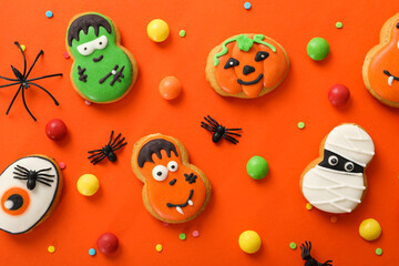 Concept of Halloween sweets, funny sweets, top view