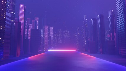 3d render of Cyber punk night city landscape concept. Light glowing on dark scene.  Night life. Technology network for 5g. Beyond generation and futuristic of Sci-Fi Capital city and building scene. © TANATPON