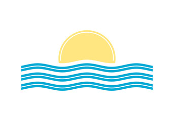 Yellow sun with blue wave water ocean sea boho logo flat vector icon design.