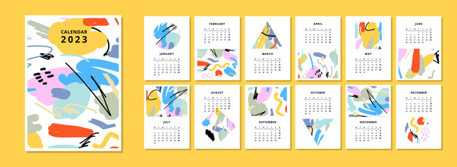 Calendar 2023 with colorful hand drawn abstract textures. Can be used for printable creative template and also like application for mobile phone, tablet, computer.