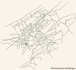 Detailed navigation black lines urban street roads map of the OHMENHAUSEN QUARTER of the German regional capital city of Reutlingen, Germany on vintage beige background