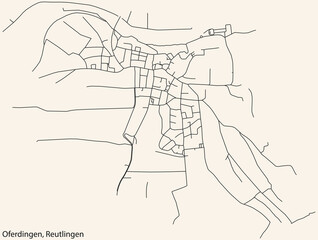 Fototapeta na wymiar Detailed navigation black lines urban street roads map of the OFERDINGEN QUARTER of the German regional capital city of Reutlingen, Germany on vintage beige background