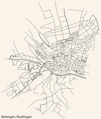 Fototapeta na wymiar Detailed navigation black lines urban street roads map of the BETZINGEN QUARTER of the German regional capital city of Reutlingen, Germany on vintage beige background