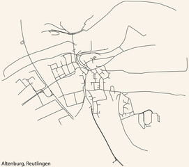 Detailed navigation black lines urban street roads map of the ALTENBURG QUARTER of the German regional capital city of Reutlingen, Germany on vintage beige background