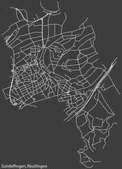 Detailed negative navigation white lines urban street roads map of the SONDELFINGEN QUARTER of the German regional capital city of Reutlingen, Germany on dark gray background