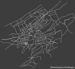 Detailed negative navigation white lines urban street roads map of the OHMENHAUSEN QUARTER of the German regional capital city of Reutlingen, Germany on dark gray background
