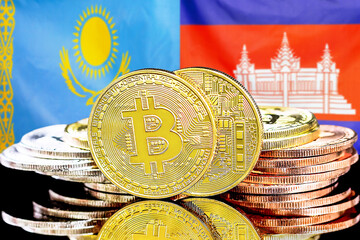 Bitcoins on flag Kazakhstan and Cambodia background. Concept for investors in cryptocurrency and Blockchain technology in Kazakhstan and Cambodia