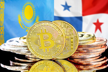 Bitcoins on flag Kazakhstan and Panama background. Concept for investors in cryptocurrency and Blockchain technology in Kazakhstan and Panama