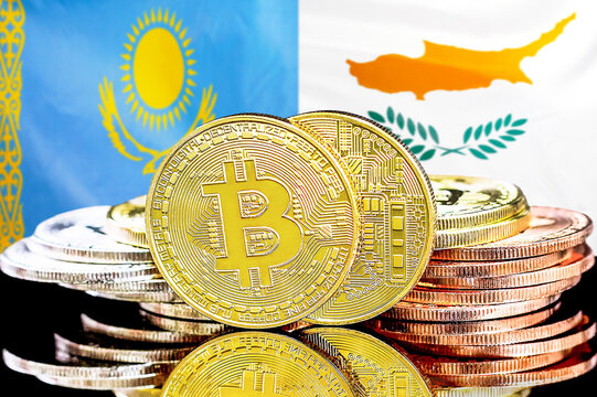 Bitcoins on flag Kazakhstan and Cyprus background. Concept for investors in cryptocurrency and Blockchain technology in Kazakhstan and Cyprus