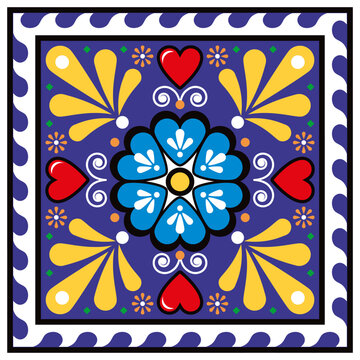 Mexican talavera cermic tile vector single and seamless pattern with florals and leaves, traditional background inspired by folk art from Mexico
