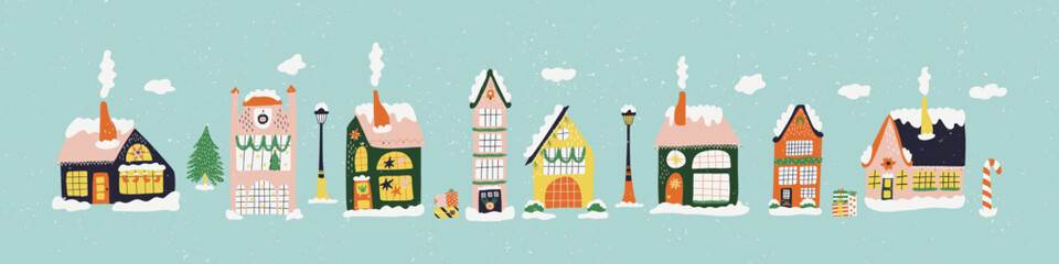 Background with christmas village with winter houses. Print for banner, greeting card, T shirt, media, fabric, textiles. Happy New Year greetings background. Hand drawn vector illustration.