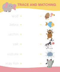 worksheet for toddlers trace and matching words with images. Educational printable worksheet. Cute animal worksheet theme. Preschool Education. Vector illustration.