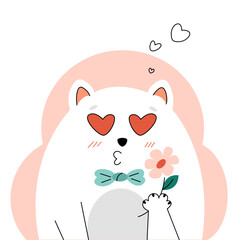 A cat with a flower. A spring cat in love. Spring character on a white background. Cute seasonal vector illustration in flat cartoon style