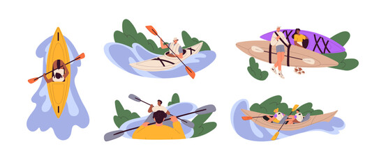 Kayaking sport set. People in boats rowing with paddle. Kayakers men and women on lake, river. Characters during extreme water activity. Flat graphic vector illustrations isolated on white background