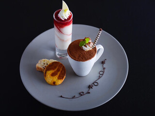 chocolate cake with cream and strawberries