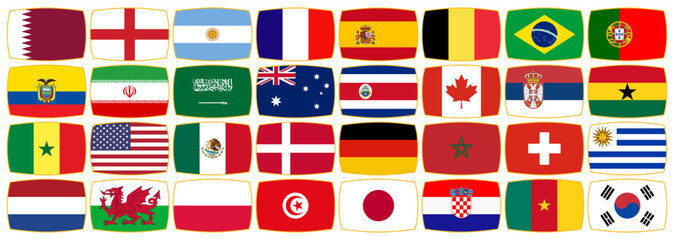 A set of national flags of the participants of the 2022 World Football Championship. Flag icons with rounded edges