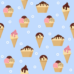 Seamless vector pattern with various ice creams and circles on a blue background. Ideal for summer prints, posters, wrapping paper, wallpapers, scrapbooking, textiles, children's fashion, etc