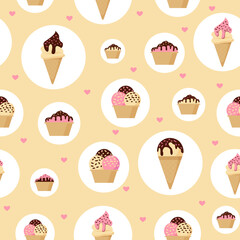 Seamless vector pattern with different types of ice cream and hearts. Ideal for summer prints, posters, wrapping paper, wallpapers, scrapbooking, textiles, children's fashion, etc.
