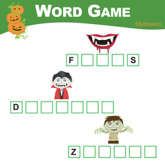 Printable word game worksheet for toddlers. Writing Halloween items worksheet for children. Educational printable worksheet. Preschool Education. Vector illustration.