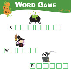 Printable word game worksheet for toddlers. Writing Halloween items worksheet for children. Educational printable worksheet. Preschool Education. Vector illustration.