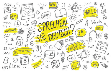 Sprechen Sie Deutsch? Interpreter language online. Do you speak German language learning concept vector illustration. Doodle of foreign language education course for home online training study.