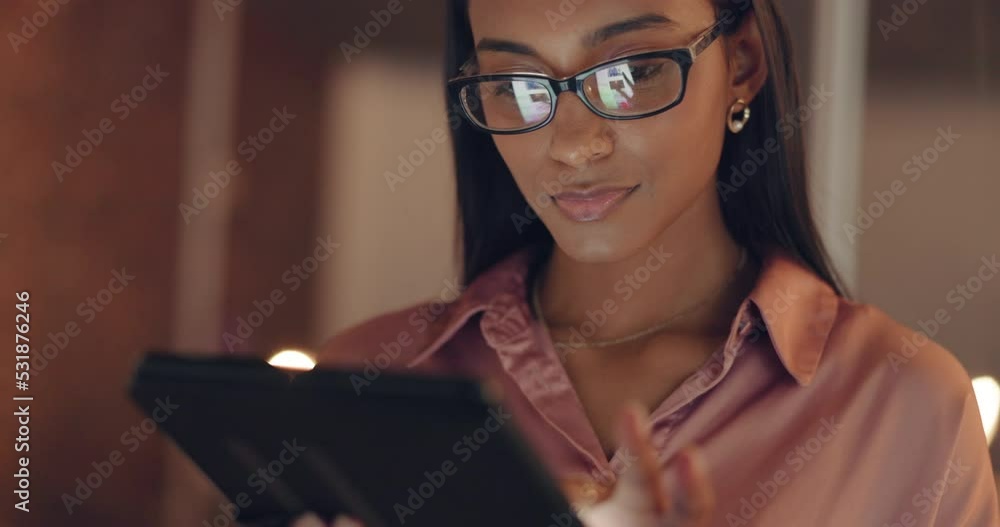 Aufkleber business woman, night and tablet working of a office worker from india in the dark. digital marketin