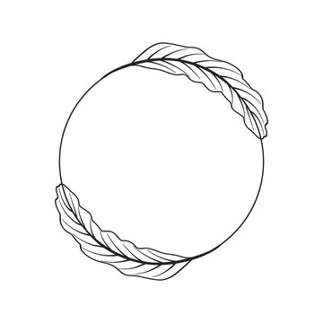 recommend clip art: Circle with two large abstract leaves. Tropical frame with palm branches and leaves. Decorative flower border. Black contour drawing. Laconic simple design, graphics. Vector illustration, logo