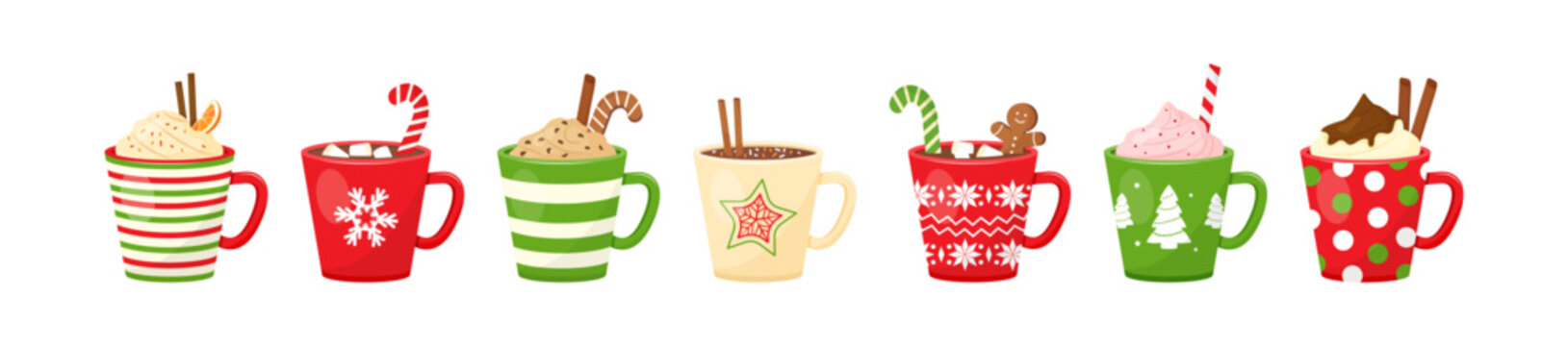 Christmas hot chocolate and cocoa, cartoon mug with drink vector icon, coffee, latte and tea. Holiday winter set. Cute menu illustration
