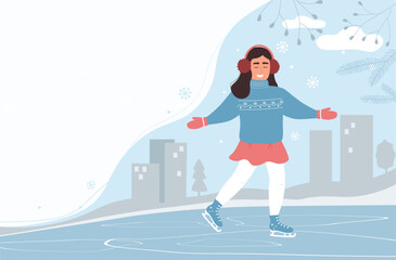 Fototapeta na wymiar A girl skates on ice in winter in a warm sweater and mittens. Vector graphics.