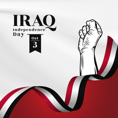 Square Banner illustration of Iraq independence day celebration with text space. Waving flag and hands clenched. Vector illustration.