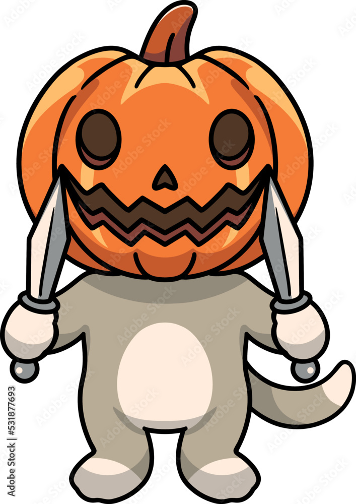 Wall mural Animal with carved pumpkin head holding swords with both hands - Halloween concept